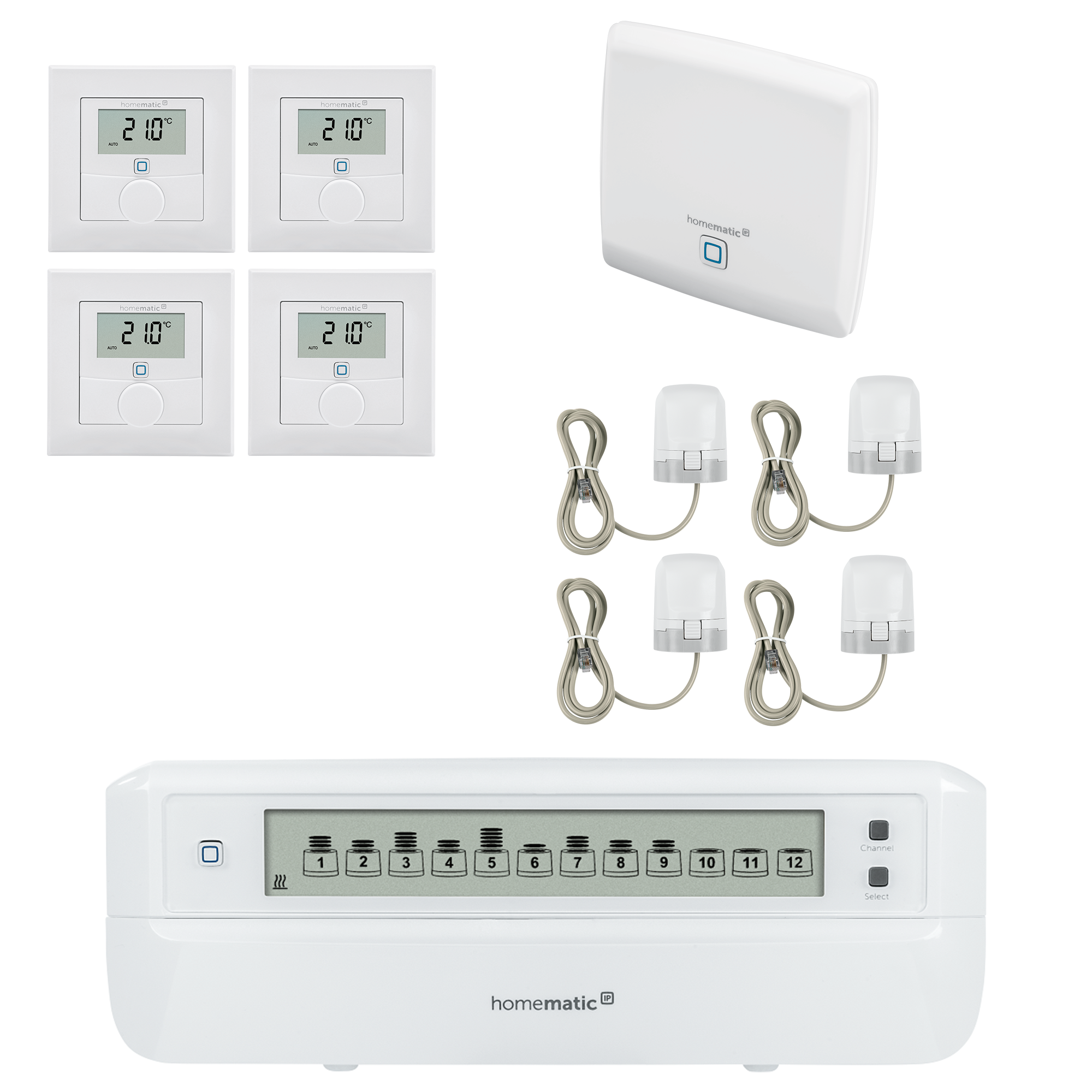 Homematic IP Starter Set Fußbodenheizung -  1x HmIP-HAP, 4x HmIP-WTH-1, 4x HmIP-VDMOT, 1x HmIP-FALMOT-C12